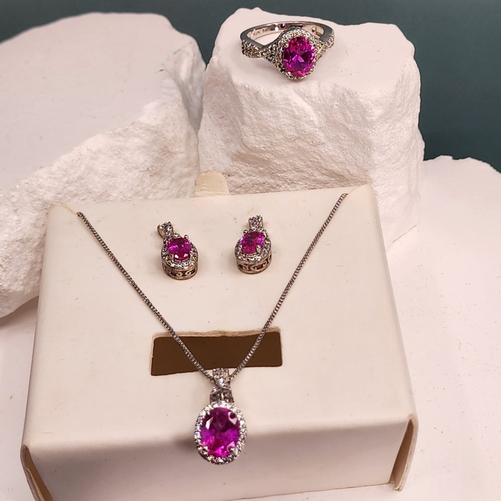 SUN BR Pink Oval Crystal Halo Ring Necklace Earrings Jewelry Set Silver Tone